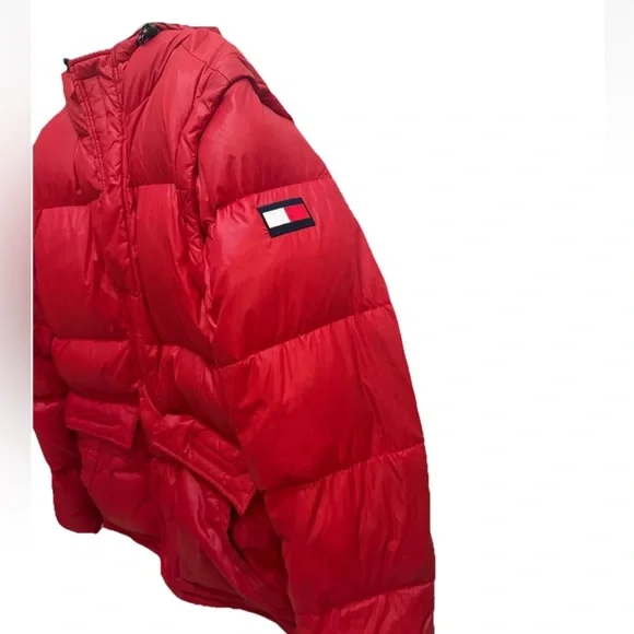 🔴Tommy Hilfiger Puffer Jacket Size Large Bubble Red Hooded